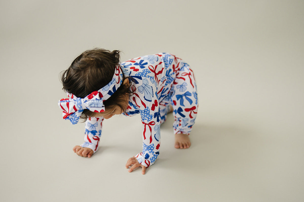 Bamboo Zip Romper  | Red-White & Bows
